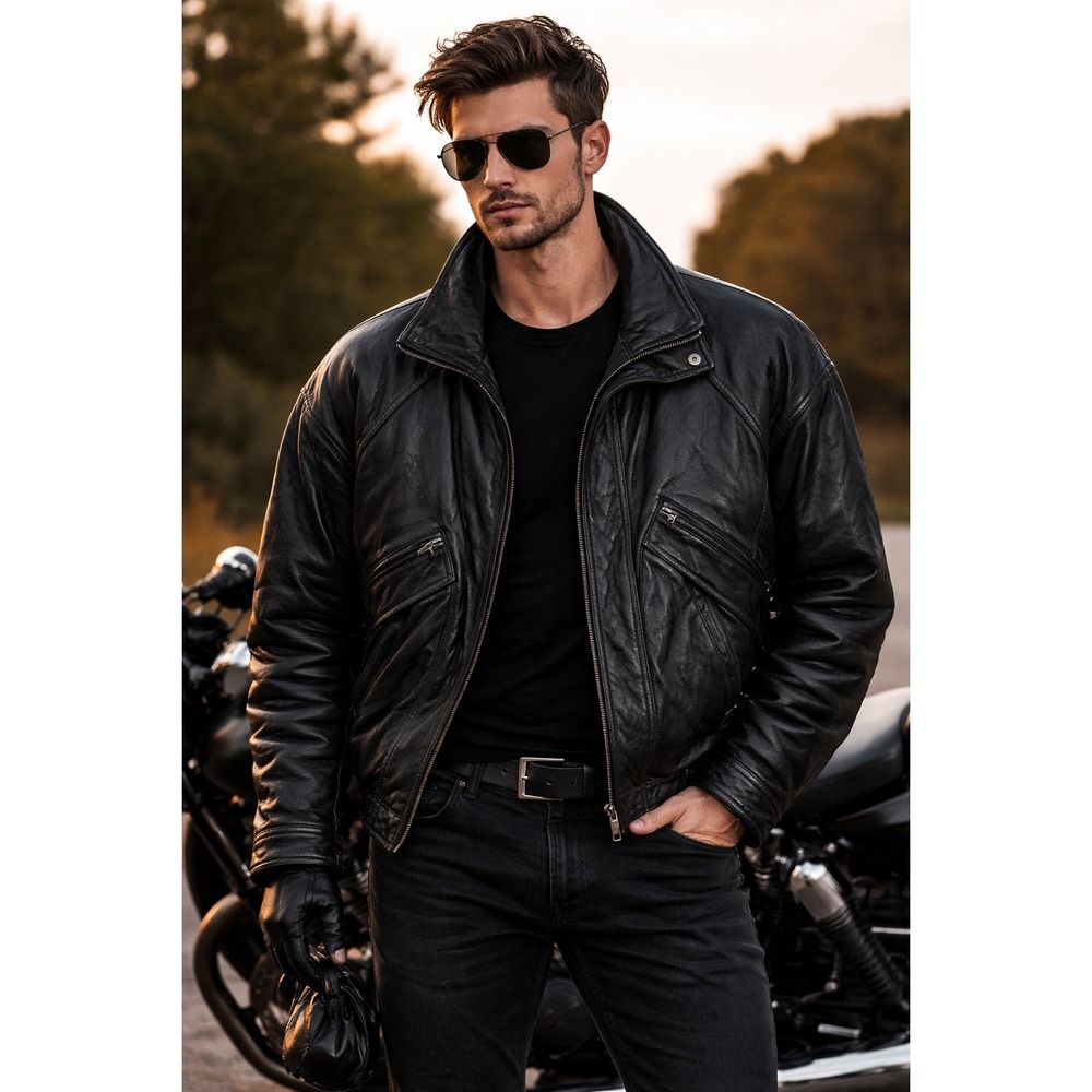 Collezione Vintage Black Leather Bomber Jacket Mens Large 80s 90s Full Zip Moto